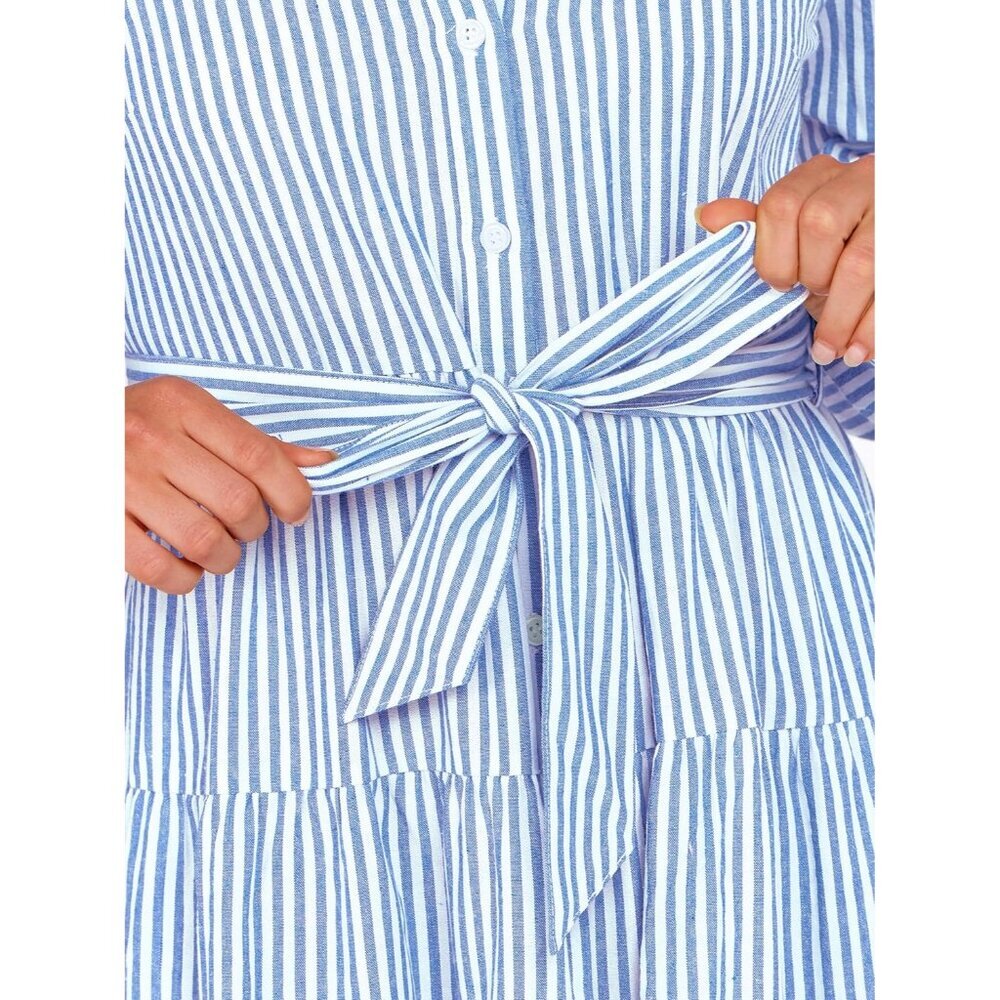 Women Long Sleeve Maxi Dress Rayon Casual Button Stripe Plaid Tie Waist - Picture 6 of 6